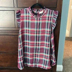 Loft plaid ruffle sleeve top